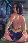  1girl adjusting_clothes adjusting_leotard armlet ass back backless_outfit black_hair bracer dc_comics foton-ike leotard looking_at_viewer looking_back sitting smile solo tiara toned wonder_woman wonder_woman_(series) 