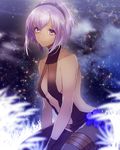  bangs blurry breasts closed_mouth collarbone dekoyama depth_of_field fate/prototype fate/prototype:_fragments_of_blue_and_silver fate_(series) grass hairband hassan_of_serenity_(fate) highres looking_at_viewer night night_sky outdoors purple_eyes purple_hair short_hair short_hair_with_long_locks sidelocks sitting sky small_breasts smile solo star_(sky) starry_sky unitard 