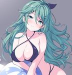  antenna_hair arm_support ball bare_arms bare_shoulders beachball black_ribbon blush breasts chiyingzai closed_mouth covered_nipples criss-cross_halter frown green_hair grey_background hair_between_eyes hair_ornament hair_ribbon hairclip halterneck head_tilt kantai_collection large_breasts long_hair long_sleeves looking_at_viewer lowres ribbon simple_background skindentation solo sweat tsurime very_long_hair yamakaze_(kantai_collection) 