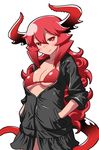  black_skirt breasts commentary_request demon_girl demon_horns demon_tail hands_in_pockets highres horns long_hair maou_beluzel matsuda_yuusuke medium_breasts red_bikini_top red_eyes red_hair skirt smile solo swimsuit swimsuit_under_clothes tail underboob yuusha_to_maou 
