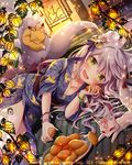 animal animal_ears blue_kimono blush bracelet breasts cleavage eyebrows_visible_through_hair falkyrie_no_monshou flower food fox fox_ears fox_tail green_eyes grey_hair holding holding_food japanese_clothes jewelry kimono large_breasts looking_at_viewer lying natsumekinoko official_art on_side open_mouth plate smile tail yukata 