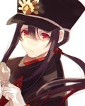  black_hair black_hat blurry commentary_request dekoyama depth_of_field dutch_angle fate/grand_order fate_(series) grey_background hair_between_eyes hat highres long_hair looking_at_viewer male_focus military military_uniform oda_nobukatsu_(fate/grand_order) ponytail red_eyes sidelocks simple_background solo uniform upper_body 