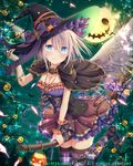 adjusting_clothes adjusting_hat black_hat blue_eyes blush bow breasts broom broom_riding eyebrows_visible_through_hair falkyrie_no_monshou halloween hat jack-o'-lantern large_breasts looking_at_viewer natsumekinoko official_art pumpkin purple_bow short_hair silver_hair smile solo witch_hat 