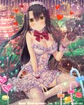  black_hair bow breasts candy candy_cane cleavage earrings eyebrows_visible_through_hair falkyrie_no_monshou food headdress heart heart_earrings jewelry large_breasts long_hair looking_at_viewer natsumekinoko navel official_art parted_lips red_bow red_ribbon ribbon sitting solo thighhighs valentine white_legwear yellow_eyes 