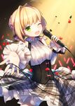  ahoge blonde_hair blush fate/extra fate/extra_ccc fate_(series) green_eyes highres looking_at_viewer microphone munuko nero_claudius_(fate) nero_claudius_(fate)_(all) one_eye_closed smile solo 