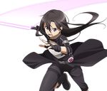  androgynous beam_saber black_eyes black_gloves black_hair black_pants breastplate fingerless_gloves floating_hair gloves hair_between_eyes holding holding_sword holding_weapon kirito kirito_(sao-ggo) leg_up long_hair male_focus official_art otoko_no_ko pants solo sword sword_art_online sword_art_online:_code_register thigh_strap transparent_background very_long_hair weapon 