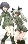  :d absurdres anchovy anzio_military_uniform black_hair black_ribbon blush boots braid commentary_request drill_hair girls_und_panzer highres looking_at_viewer military military_uniform multiple_girls nose_blush open_mouth pepperoni_(girls_und_panzer) ribbon short_braid side_braid single_braid sketch skirt skirt_pull smile twintails uniform wabiushi wavy_mouth white_background yellow_eyes 