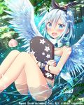  1girl angel_wings ass black_ribbon blue_eyes blush board bracelet cross embarrassed eyebrows_visible_through_hair falkyrie_no_monshou hairband jewelry looking_at_viewer natsumekinoko official_art open_mouth partially_submerged ribbon short_hair silver_hair solo sweatdrop swimsuit wings 