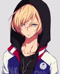 aqua_eyes blonde_hair closed_mouth collarbone commentary_request frown fujikiri_yana grey_background hood hood_up hoodie jacket looking_at_viewer male_focus open_clothes open_jacket open_track_jacket simple_background solo track_jacket yuri!!!_on_ice yuri_plisetsky 