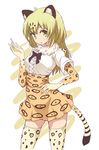  alternate_hairstyle animal_ear_fluff animal_ears animal_print black_bow black_neckwear blonde_hair bow bowtie breasts center_frills collar commentary_request contrapposto cosplay cowboy_shot elbow_gloves eyebrows_visible_through_hair frilled_collar frills gloves hand_on_hip high-waist_skirt highres ichii_yui jaguar_(kemono_friends) jaguar_(kemono_friends)_(cosplay) jaguar_ears jaguar_tail kemono_friends long_hair looking_at_viewer medium_breasts mel_(melty_pot) multicolored multicolored_clothes multicolored_legwear open_mouth seiyuu_connection shirt skirt solo standing tail thighhighs tsuda_minami yellow_eyes yuyushiki 