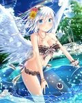  angel_wings bikini black_bikini blue_eyes blush bracelet breasts cleavage cross cross_necklace eyebrows_visible_through_hair falkyrie_no_monshou flower hair_flower hair_ornament hairband inflatable_toy inflatable_whale jewelry large_breasts looking_at_viewer natsumekinoko navel necklace official_art short_hair silver_hair sitting sunflower_hair_ornament sweatdrop swimsuit wings 