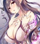  :o bandaged_arm bandages bangs bare_shoulders black_ribbon blush breasts brown_hair chiyingzai cleavage collarbone crescent danua draph dress eyebrows_visible_through_hair finger_to_chin glowing granblue_fantasy grey_background hair_between_eyes hand_on_own_chest horn_ornament horns jewelry large_breasts long_hair looking_at_viewer nail_polish necklace open_mouth pendant pink_nails pointy_ears red_eyes ribbon simple_background sleeveless sleeveless_dress solo upper_body very_long_hair white_dress 