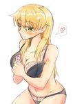  blush breasts carpaccio chikakei_(tsuki_no_chika_keikoku) cleavage condom_wrapper eyebrows_visible_through_hair girls_und_panzer green_eyes groin heart large_breasts long_hair navel simple_background sketch smile solo underwear underwear_only white_background 