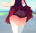  ass ass_focus black_panties blew_andwhite close-up day from_behind highres hisakawa_kaede lace lace-trimmed_panties lower_body original outdoors panties pleated_skirt red_skirt see-through skirt skirt_lift solo standing thighhighs underwear white_legwear wind wind_lift 