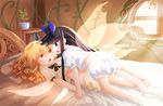  bad_feet bangs bed black_hair blonde_hair bloomers bloomers_pull blouse blue_eyes blunt_bangs bow commentary crop_top eye_contact eyebrows_visible_through_hair fairy fairy_wings full_body girl_on_top groin hair_bow highres hime_cut indoors light_rays lithiumrider long_hair looking_at_another luna_child lying midriff multiple_girls on_back on_bed pillow pinned plant potted_plant puffy_short_sleeves puffy_sleeves saliva saliva_trail short_sleeves sidelocks sketch star_sapphire sunbeam sunlight touhou underwear very_long_hair vines wavy_hair white_blouse wings yellow_eyes yuri 