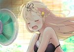  amagami_(makise_tsubaki) bangs bare_shoulders black_bikini_top black_ribbon blonde_hair blush braid breasts closed_eyes commentary electric_fan eyebrows_visible_through_hair fang hair_ornament hairclip hot kantai_collection long_hair medium_breasts open_mouth remodel_(kantai_collection) ribbon side_braid solo sweat upper_body wind wind_lift yuudachi_(kantai_collection) 