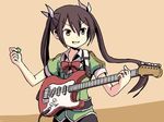  adrian_ferrer bow bowtie brown_eyes brown_hair electric_guitar guitar hair_ribbon instrument jewelry kantai_collection long_hair open_mouth plectrum ribbon ring smile solo tone_(kantai_collection) twintails upper_body wedding_band white_ribbon 