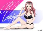  :d bikini blush breasts brown_eyes bukkuri character_name cleavage commentary_request girls_und_panzer legs long_hair medium_breasts navel open_mouth pink_hair rosehip smile solo swimsuit thighs 