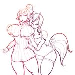  2016 anthro blush breast_grab breasts clothed clothing duo equine female female/female hair hand_on_breast hi_res horn horse legwear long_hair mammal rirouku smile thigh_highs 