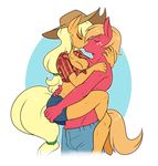  2017 ambris anthro anthrofied applejack_(mlp) big_macintosh_(mlp) blonde_hair blush breasts brother brother_and_sister cleavage clothed clothing cowboy_hat earth_pony equine eyelashes female freckles friendship_is_magic hair hand_on_butt hat hi_res horse incest jeans kissing leg_wrap male male/female mammal midriff my_little_pony pants pony shorts sibling sister topless 