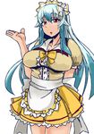  alternate_color alternate_costume apron aqua_hair arm_behind_back blue_hair bow breasts brown_shirt enmaided eyebrows_visible_through_hair frilled_skirt frills hair_bow hand_up head_tilt heiseikorotaisei kamishirasawa_keine long_hair looking_at_viewer maid maid_headdress medium_breasts multicolored_hair open_mouth pleated_skirt puffy_short_sleeves puffy_sleeves red_eyes shirt short_sleeves sidelocks skirt solo thick_eyebrows touhou two-tone_hair very_long_hair waist_apron white_background yellow_skirt 