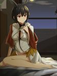  1girl absurdres barefoot black_hair blush breasts cleavage_cutout commentary_request elfenlied22 fate/grand_order fate_(series) full_moon head_wings highres hood hood_down medium_breasts moon night ortlinde_(fate/grand_order) red_eyes shawl short_hair sitting smile solo valkyrie_(fate/grand_order) 