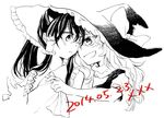  :d ascot blush bow braid clothes_pull commentary couple dated forehead-to-forehead hair_bow hakurei_reimu hat hug hug_from_behind imminent_kiss kirisame_marisa long_hair monochrome multiple_girls noses_touching open_mouth shared_hat single_braid smile spot_color touhou undressing wavy_hair witch_hat yonu_(yonurime) yuri 