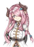  arms_behind_back black_gloves blue_bow blue_eyes blush bow braid breasts closed_mouth commentary draph elbow_gloves gloves granblue_fantasy hair_bow hair_ornament hair_over_one_eye head_tilt heart highres horns isaki_tanaka large_breasts long_hair narmaya_(granblue_fantasy) pink_hair pointy_ears signature simple_background smile solo traditional_media upper_body white_background 