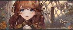  blue_eyes blush brown_hair character_name kawacy long_hair looking_away looking_up parted_lips smile solo teeth viktoriya_ivanovna_serebryakov youjo_senki 