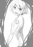  ass back breasts facial_scar fate/apocrypha fate/grand_order fate_(series) greyscale jack_the_ripper_(fate/apocrypha) looking_at_viewer looking_back monochrome nude open_mouth puyo scar scar_across_eye scar_on_cheek short_hair small_breasts smile solo tattoo teeth 