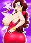  1girl ass blue_eyes breasts dress earrings high_heels huge_ass lipstick looking_at_viewer looking_back nail_polish nintendo pauline red_lipstick sideboob solo super_mario_bros. super_mario_odyssey thick_thighs 