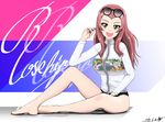  :d blush breasts brown_eyes bukkuri character_name commentary_request eyewear_on_head girls_und_panzer legs long_hair medium_breasts open_mouth pink_hair rosehip smile solo sunglasses thighs zipper zipper_pull_tab 