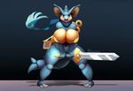  2016 anthro big_breasts blood breasts don_ko female front_view holding_object holding_weapon honedge huge_breasts looking_at_viewer melee_weapon nidoqueen nintendo pok&eacute;mon solo sword video_games weapon wounded 