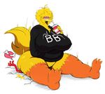  2017 anthro avian beverage big_bird big_breasts big_butt bird bottomless breasts broken_bone butt clothed clothing death_by_snu_snu digital_media_(artwork) drinking drinking_straw elmo facesitting feathers female female_on_top hoodie huge_breasts huge_butt muppets nipple_bulge on_top overweight partially_clothed sesame_street simple_background soda sssonic2 thick_thighs wide_hips 