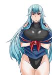  alternate_costume aqua_hair bangs bare_shoulders blue_shirt breasts closed_mouth collarbone cowboy_shot crossed_arms expressionless eyebrows_visible_through_hair hair_between_eyes heiseikorotaisei hips kamishirasawa_keine large_breasts leotard long_hair looking_at_viewer multicolored_hair raised_eyebrow red_eyes shiny shiny_clothes shirt sidelocks simple_background sleeveless sleeveless_shirt solo thick_eyebrows thigh_gap thighs touhou two-tone_hair very_long_hair white_background 