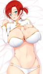  aqua_eyes bed boudica_(fate/grand_order) breasts deep_skin fate/grand_order fate_(series) large_breasts looking_at_viewer lying navel noeomi o-ring on_back parted_lips red_hair short_hair shrug_(clothing) skindentation solo thighs wide_hips 