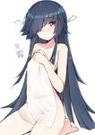  bare_legs bare_shoulders barefoot black_hair breasts closed_mouth covered_navel covering eyebrows_visible_through_hair hair_over_one_eye hair_ribbon haruyuki_(yukichasoba) hayashimo_(kantai_collection) kantai_collection long_hair looking_at_viewer nude_cover purple_eyes ribbon simple_background sitting small_breasts solo towel very_long_hair wet white_background 