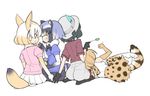  animal_ears backpack bag black_gloves black_hair blonde_hair blush bow bowtie cat_teaser cheating common_raccoon_(kemono_friends) fennec_(kemono_friends) fox_ears fox_tail gloves hat hat_feather helmet holding_hands kaban_(kemono_friends) kemono_friends multicolored_hair multiple_girls open_mouth pith_helmet raccoon_ears raccoon_tail red_shirt serval_(kemono_friends) serval_ears serval_print serval_tail shirt short_hair short_sleeves shorts skirt smile striped_tail tail tanaka_ahiru wavy_hair yuri 