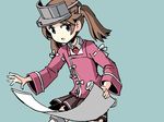  adrian_ferrer brown_eyes brown_hair commentary hair_tie japanese_clothes kantai_collection kariginu magatama miniskirt open_mouth pleated_skirt ryuujou_(kantai_collection) scroll skirt solo twintails visor_cap 