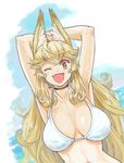  animal_ears armpits arms_behind_head bikini blonde_hair blush breasts character_request chikuwa_(tks) choker copyright_request eyebrows_visible_through_hair fang large_breasts long_hair looking_at_viewer navel ocean one_eye_closed open_mouth smile solo swimsuit thick_eyebrows white_bikini yellow_eyes 