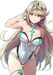  bare_shoulders blonde_hair blush breasts casual_one-piece_swimsuit flying_sweatdrops gem groin headpiece hews_hack highres hikari_(xenoblade_2) large_breasts long_hair nintendo one-piece_swimsuit shiny shiny_hair solo swimsuit thick_thighs thigh_gap thighs underboob underboob_cutout very_long_hair white_swimsuit wide_hips xenoblade_(series) xenoblade_2 yellow_eyes 