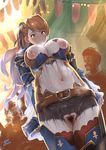  armor beatrix_(granblue_fantasy) belt blush bodypaint breasts brown_eyes brown_hair embarrassed exhibitionism glands_of_montgomery granblue_fantasy hair_ornament highres k.ty_(amejin) large_breasts long_hair navel nipples nude painted_clothes pubic_hair public public_nudity ringed_eyes smile solo_focus string_of_flags sweat tears thighhighs wavy_mouth 