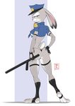  2016 abstract_background anthro bedroom_eyes blue_eyes bluntkatana breasts butt clothed clothing club_(weapon) disney female fingerless_gloves fishnet fishnet_legwear fur gloves grey_fur half-closed_eyes hat hi_res judy_hopps lagomorph legwear long_ears looking_at_viewer looking_back mammal melee_weapon naughty_face nightstick police police_uniform rabbit rear_view seductive simple_background skimpy smile solo standing thong toes uniform weapon white_fur zootopia 