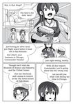  aircraft airplane akagi_(kantai_collection) bucket closed_eyes comic eating english female_admiral_(kantai_collection) glasses greyscale hat highres hot_dog japanese_clothes kantai_collection magatama military military_hat military_uniform monochrome muneate open_mouth pleated_skirt ryuujou_(kantai_collection) short_hair skirt smile suspenders tanaka_setsuko twintails uniform visor_cap 