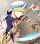  artist_name axe bangs banned_artist blonde_hair earrings fate/grand_order fate_(series) gilgamesh gilgamesh_(caster)_(fate) grin holding holding_axe jewelry looking_at_viewer male_focus open_clothes open_vest orii_(orii_i) parted_lips red_eyes signature smile solo turban vest weapon 
