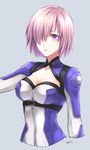  alternate_costume bangs banned_artist bodysuit breasts cleavage cleavage_cutout commentary_request cropped_arms cropped_torso fate/grand_order fate_(series) grey_background hair_over_one_eye large_breasts mash_kyrielight orii_(orii_i) purple_eyes purple_hair short_hair solo upper_body 