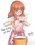  apron book bow brown_eyes brown_hair character_name collarbone cookbook dated eyebrows_visible_through_hair girls_und_panzer glasses happy_birthday holding holding_book ladle looking_away medium_hair open_book pink_apron pink_bow pink_ribbon pot ribbon shamakho short_sleeves signature takebe_saori translated 