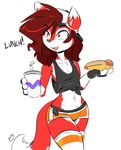  2017 anthro beverage canine cinnamon_swirl clothed clothing duckdraw english_text female fingerless_gloves flat_chested food fox fur gloves hair hot_dog legwear mammal red_eyes red_fur simple_background smile socks solo text tied_shirt underwear white_background white_fur 