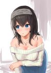  bad_id bad_pixiv_id bangs bare_shoulders black_hair blue_eyes blue_skirt blush breast_hold breasts cleavage figurehead_(figurehead67) hairband highres idolmaster idolmaster_cinderella_girls jewelry large_breasts leaning_forward long_hair looking_away looking_to_the_side necklace off-shoulder_sweater parted_lips pendant ribbed_sweater sagisawa_fumika skirt solo sweater white_background 