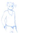  anthro bell blush boxers_(clothing) cat clothed clothing feline hand_on_hip jeans jewelry male mammal necklace nipples one_eye_closed pants simple_background solo standing tohfu topless underwear white_background 